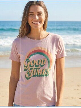Color Bear Boutique Womens Graphic Tee Tan Blush NWOT Rainbow Good Times Small